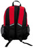 A backpack featuring a red and black design, with padded straps and mesh side pockets. It includes a logo.