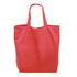 A tote bag in a vibrant coral colour with two handles and a simple design. It features a logo.