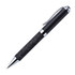 A black pen with a textured grip and chrome accents, featuring a clip and sleek design.