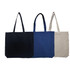 Three reusable tote bags in navy blue, royal blue, and beige, featuring sturdy handles and a spacious design.