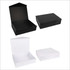 A black and a white gift box, both open and closed, displaying simple, sleek designs. Each has a plain finish.
