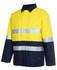 A yellow and navy work jacket with reflective strips and a collar, featuring a logo.