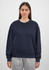 A navy crew sweatshirt for women featuring a relaxed fit, paired with grey sweatpants. It has a logo on the front.