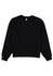 A black crew sweatshirt with long sleeves and a ribbed neckline. The garment features a logo.
