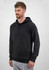 A black men's hoodie with a front pocket and a drawstring hood, modelled by a man.