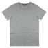 A grey men's T-shirt with a round neckline and short sleeves, featuring a logo on the label.