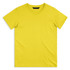 A plain yellow T-shirt with a round neckline and short sleeves, featuring a logo on the tag.