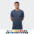A model wearing a plain blue men's T-shirt, displayed alongside a variety of colour options.