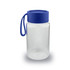 A drink bottle with a clear body and a blue lid, featuring a handle for easy carrying.