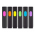 Six highlighters in black casings, featuring bright colours: pink, orange, yellow, green, blue, and purple. Each has a logo.