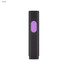 A highlighter in black and purple, featuring a central purple button and a sleek cylindrical design.