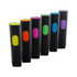 A set of seven highlighters in vibrant colours, each featuring a black body and a coloured grip.