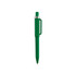 A green plastic pen with a clip and a silver tip, featuring a branding logo.