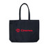 A large black tote bag featuring handles and a logo. Ideal for carrying various items.