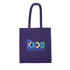 A purple tote bag with colourful branding and a logo, designed for promotional use.