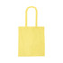 A yellow recycled cotton tote bag with two handles and a simple design. It has a logo on one side.