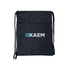 A black drawstring bag featuring a logo, ideal for carrying various small items.