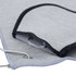 A grey golf towel with a black trim and a metal grommet for attachment. It features a smooth texture.