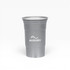 A drink cup made of recycled aluminium, featuring a sleek silver design and a logo on the front.
