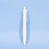 A white plastic ballpoint pen with a clip and a smooth, sleek design against a light blue background.