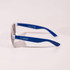Haze Sunglasses featuring clear frames and blue arms, with a logo on the side.