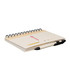 A spiral-bound notebook with a white cover, featuring a pen and a logo. The pages are blank with a yellow accent.