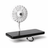 A white rechargeable fan with a flexible arm attached to a black phone stand. It includes a logo on the fan.