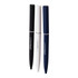 Three metal pens in black, white, and navy blue, featuring branding on the barrels.