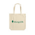 A natural beige tote bag with two handles and a logo on one side.