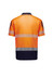 A short sleeve polo in hi-vis orange with segmented reflective tape and a navy blue lower section. Features a logo.