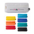 A set of utility cases in various colours: white, orange, blue, turquoise, and black. Each has a zip closure and a logo.