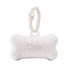 A white bone-shaped dog waste bag dispenser with a clip for attachment, featuring a logo.