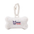 A white bone-shaped dog waste bag dispenser with a logo and a clip for attachment.