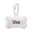 A white, speckled bone-shaped dog waste bag dispenser with a clip, featuring a logo.