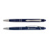 A blue aluminium pen with a silver clip and ribbed grip, featuring a logo on the barrel.