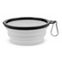 A collapsible bowl in white with a black rim, featuring a carabiner for easy attachment.