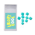 A rectangular package of mints in white, with several turquoise square mints scattered beside it. The package has a logo.