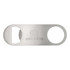 A drink bottle opener in a brushed stainless steel finish with a circular hole and a logo engraved on it.