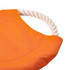 An orange dog toy with a fabric surface and a white rope handle. It features a logo.