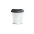 A white paper coffee cup with a black lid, sized at 180ml, featuring a logo.