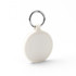 A white keychain with a circular design and a silver metal ring. The keychain features a subtle textured pattern.