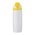 A drink bottle in white with a yellow lid and button, featuring a logo on the front.