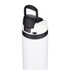 A drink bottle in white with a black lid and handle, featuring a simple design and a logo.