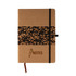 A cork notebook featuring a coffee grounds design band, with a black elastic closure and a ribbon marker.