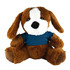 A brown plush dog with floppy ears and a blue shirt, featuring a white patch on its face.