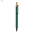A green metal pen with a wooden clip and silver accents. The pen features a branding logo.