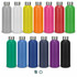 A drink bottle collection featuring various colours, including silver, white, yellow, orange, pink, green, blue, black, and purple, with metal tops.