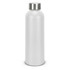 A drink bottle in matte white aluminium with a silver stainless steel cap and a logo.