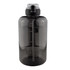 A drink bottle in transparent black with measurement markings and a secure lid. Features a logo on the side.