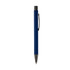 A blue metal pen with a black clip and silver tip, featuring a sleek design and a branding logo.